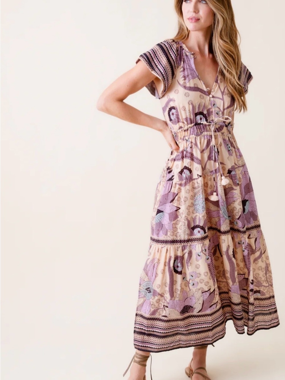 Lavender Floral Tiered Maxi Dress with Drawstring Waist